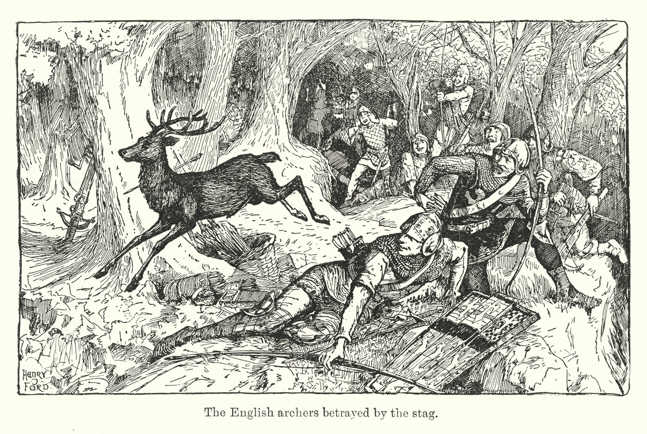 De engelske bueskytter forrådt af kronhjorten (litografi) af Henry Justice Ford