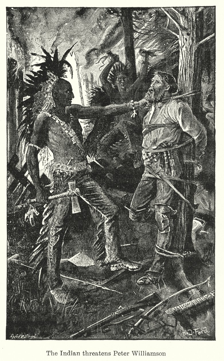 Indianeren truer Peter Williamson (litografi) af Henry Justice Ford