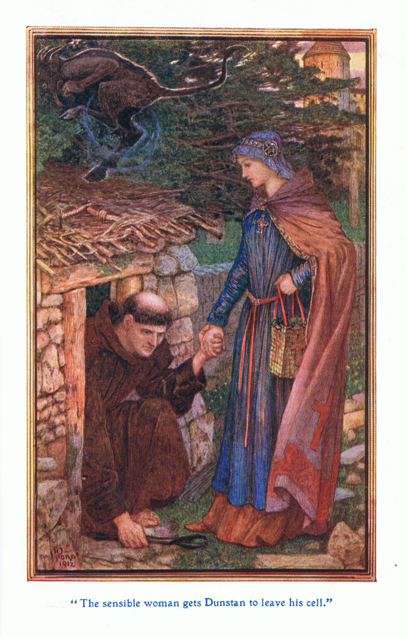 Den fornuftige kvinde får Dunstan til at forlade sin celle, 1912 af Henry Justice Ford