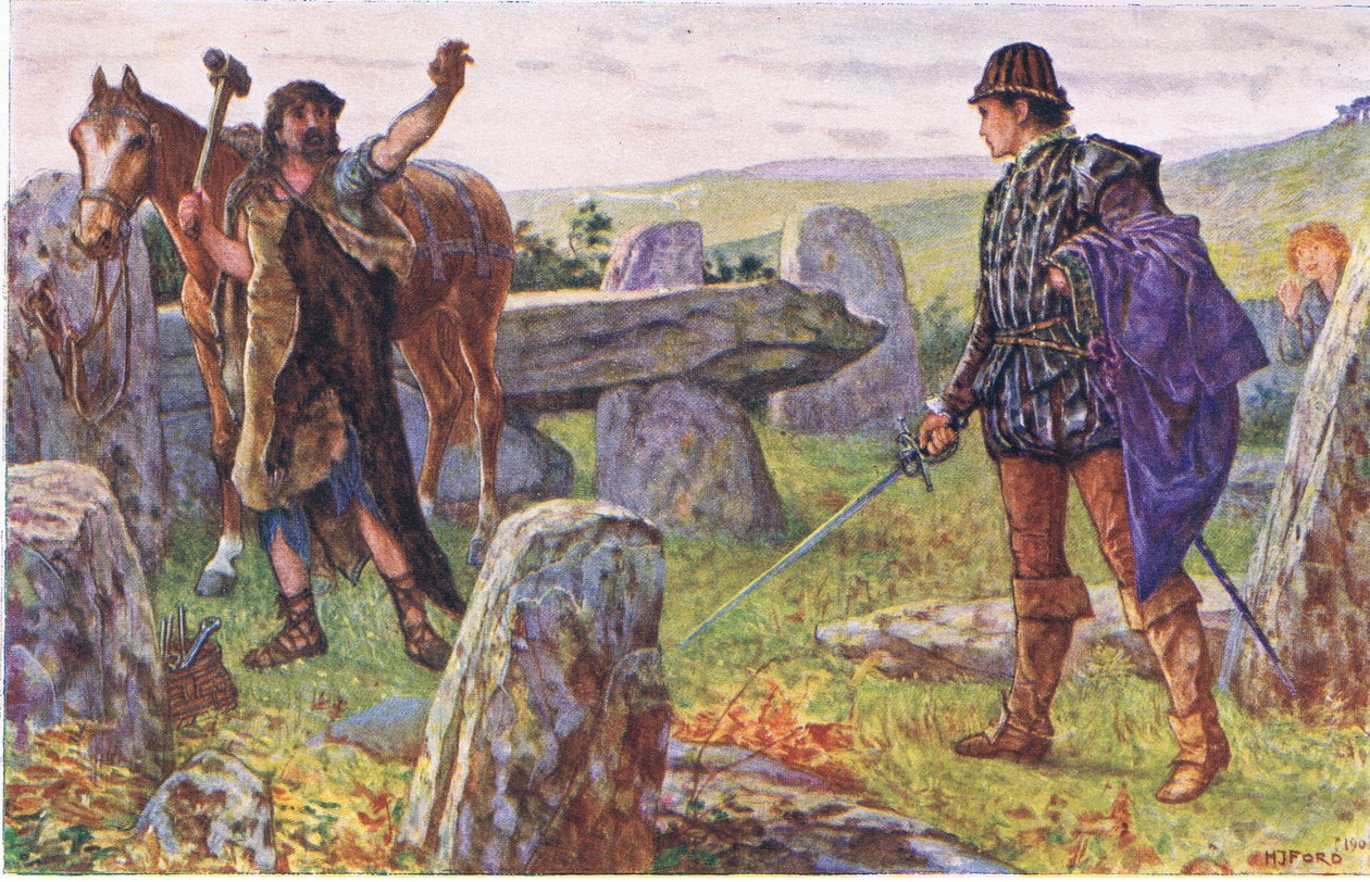 Tresilian konfronterer den mystiske beslagsmed, illustration fra Kenilworth, ca. 1910 af Henry Justice Ford