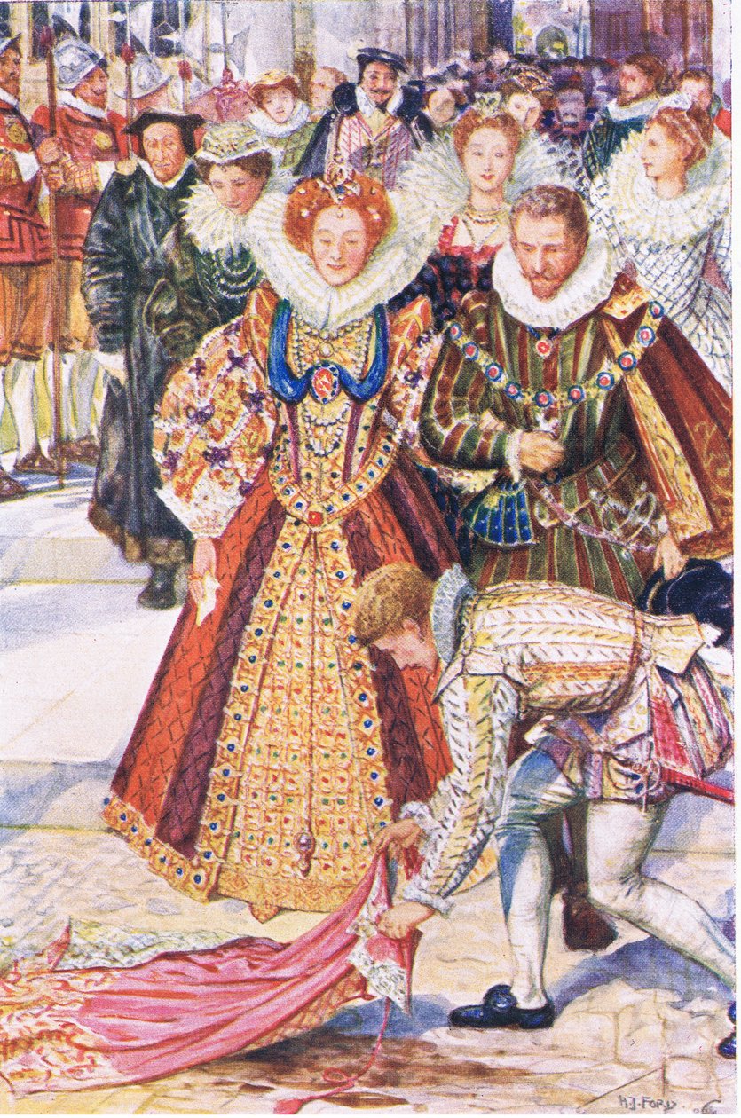 Walter Raleigh ofrer sin kappe for dronning Elizabeth, illustration fra Kenilworth, ca. 1910 af Henry Justice Ford