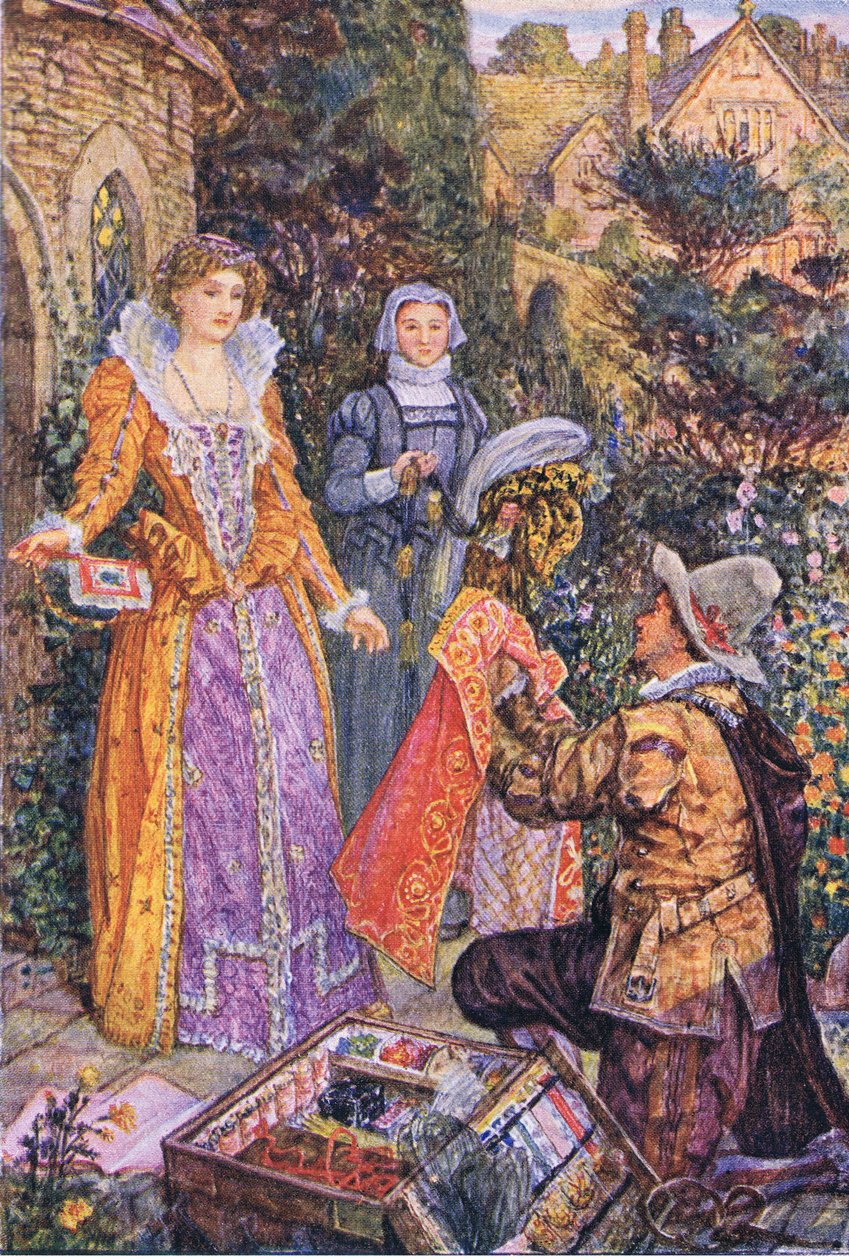 Wayland spiller rollen som en kræmmer i haven, illustration fra Kenilworth, ca. 1910 af Henry Justice Ford
