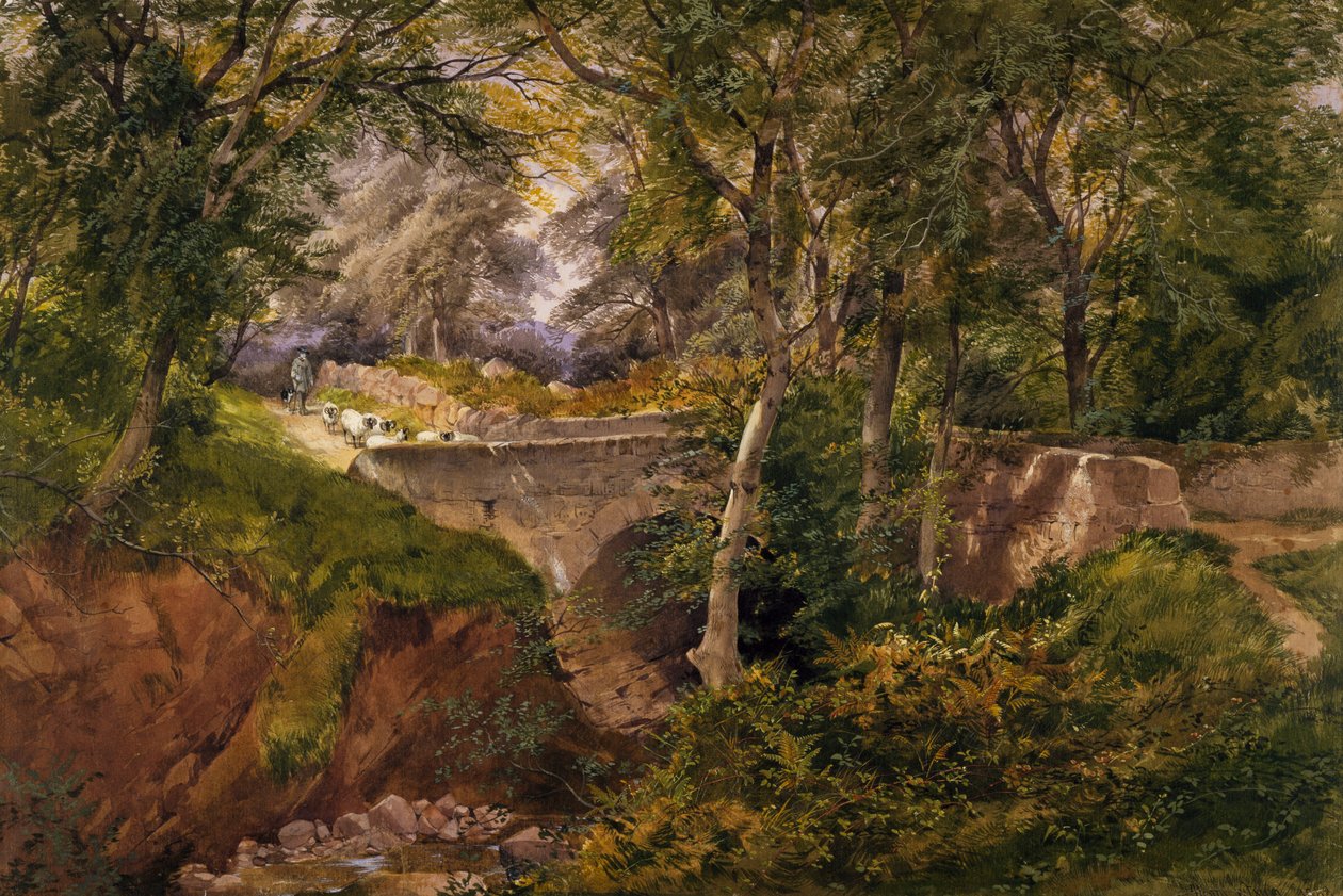 Skovklædt landskab med får, der krydser en bro, 1868 af Henry Jutsum