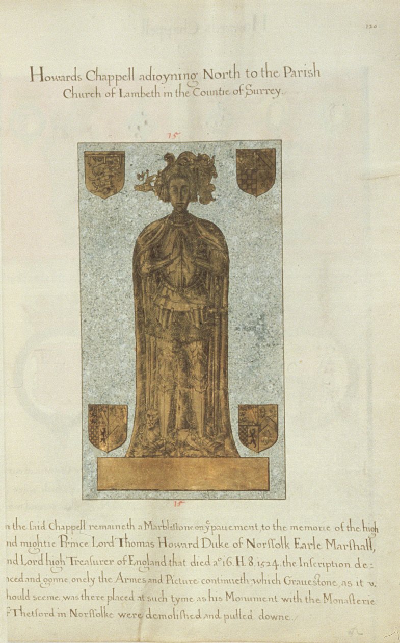 Marmorgravsten af Lord Thomas Howard Duke of Norfolk, 1637 (blæk og bladguld på vellum) af Henry Lilly