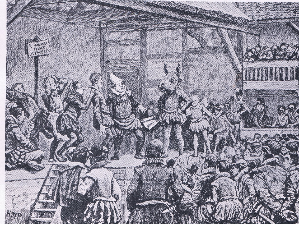 A Midsummer Nights Dream som opført i et Elizabethansk teater, fra Cassells History of the British People udgivet af Waverley Book Company, ca. 1950