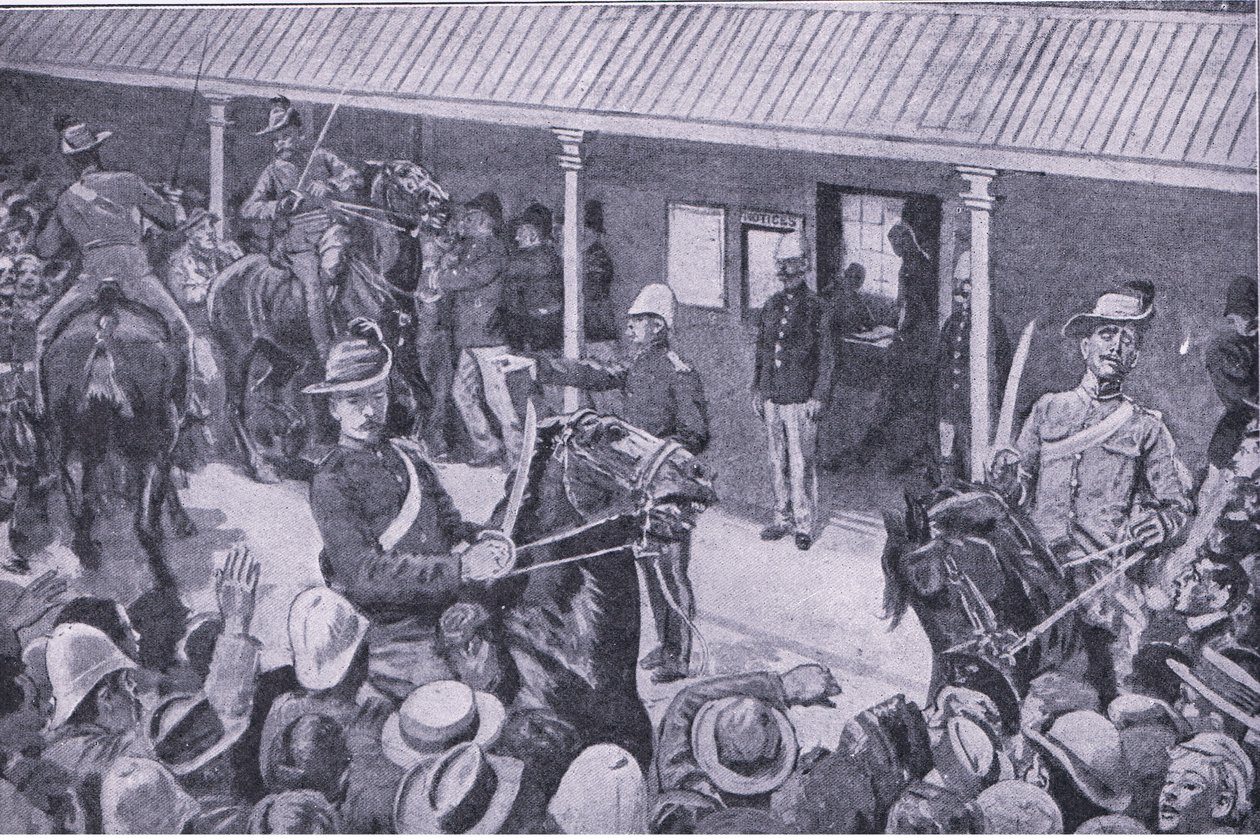 Kolonialforstærkninger til Sydafrika: En strøm af ansøgere til indskrivning i Sydney, fra After Pretoria: The Guerilla War udgivet af Harmsworth Brothers Limited, 1901 af Henry Marriott Paget