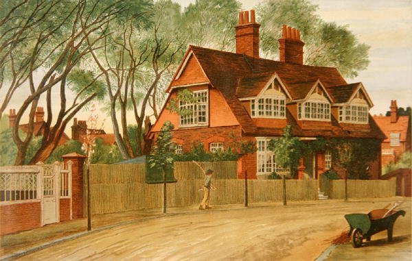 Queen Anne Gardens ser mod nord, Bedford Park, Chiswick (farve litho) af Henry Marriott Paget