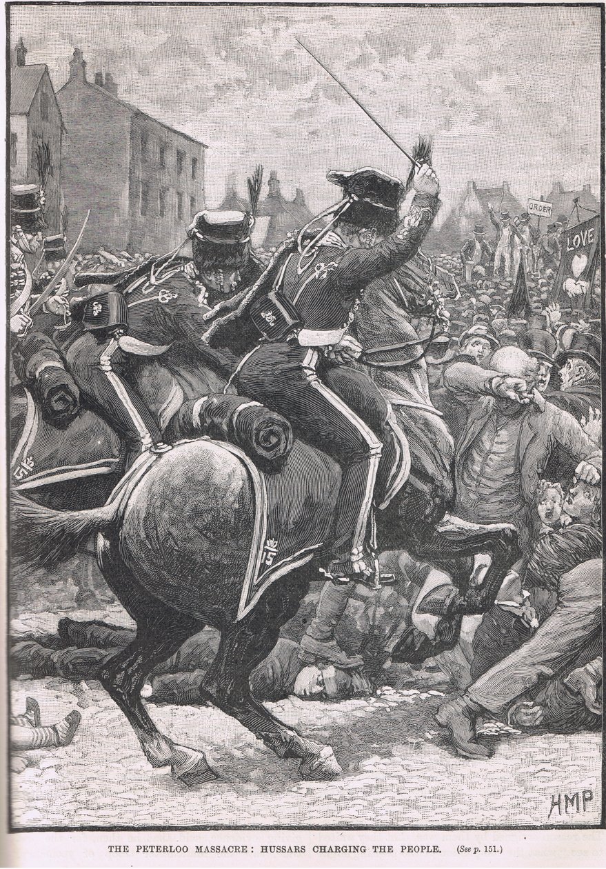 Peterloo-massakren med husarerne, der anklager folket, illustration fra Cassells 