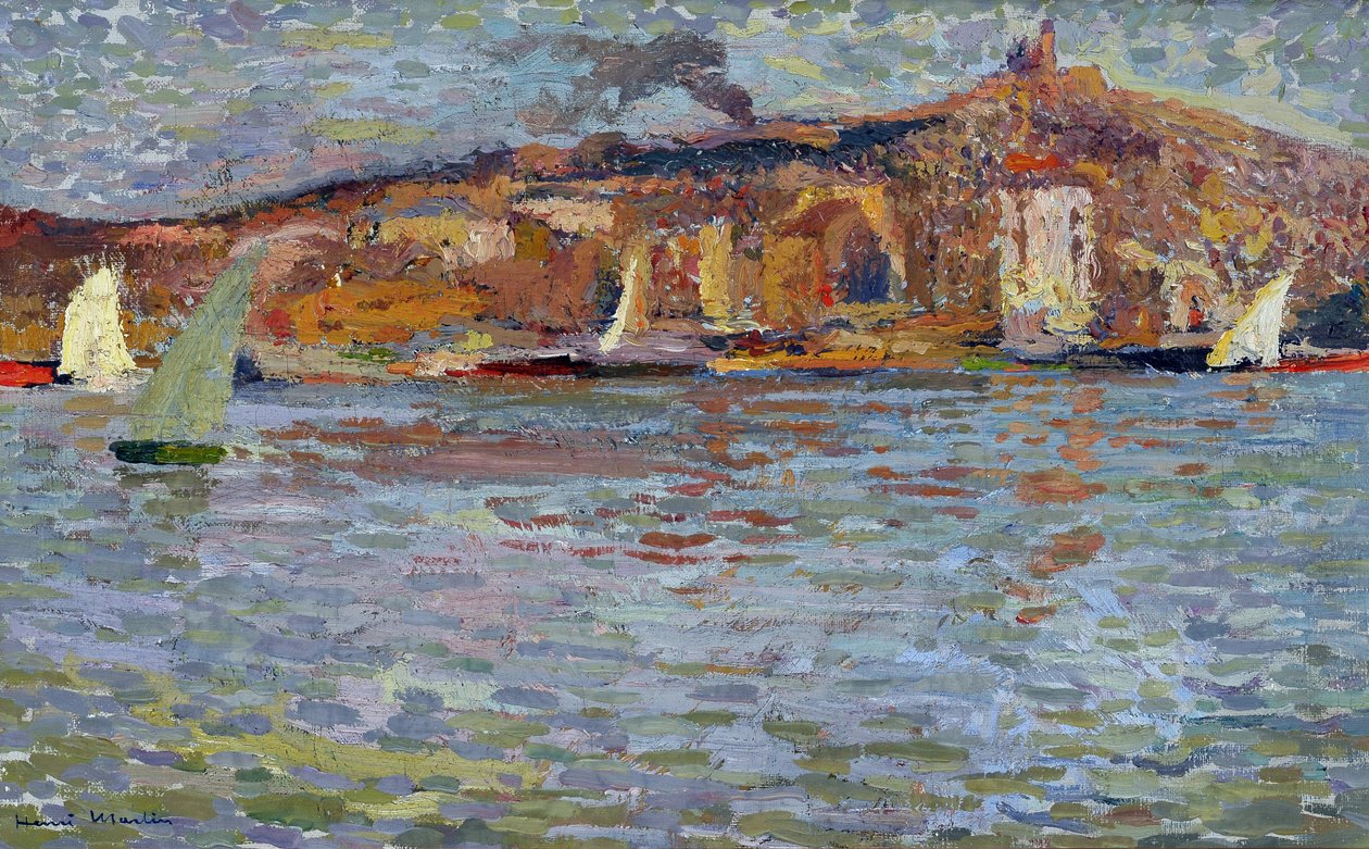 Havnen i Marseille, den gamle havn og den "gode mor" (Cathedrale Notre Dame de la Garde (Notre-Dame-de-la-Garde). Maleri af Henri Martin (1835-1908). Olie på lærred. Mål: 38x61cm Obligatorisk omtale: Regards de Provence foundation collection, Marseille af Henry Martin