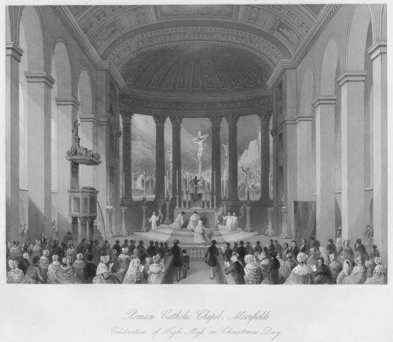 Romersk-katolske kapel, Moorfields. Fejring af højmesse juledag, c1841 af Henry Melville