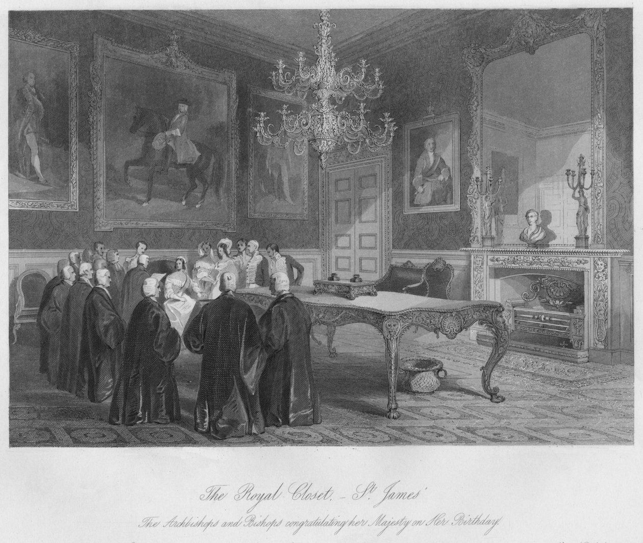 Det kongelige skab. - St. Jamess. Ærkebiskopperne og Biskopperne lykønsker Hendes Majestæt med Hendes Birt af Henry Melville