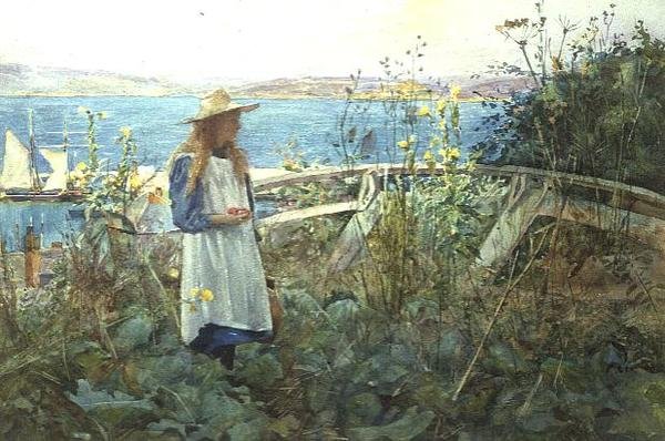 En pige i en have ved havet af Henry Meynell Rheam