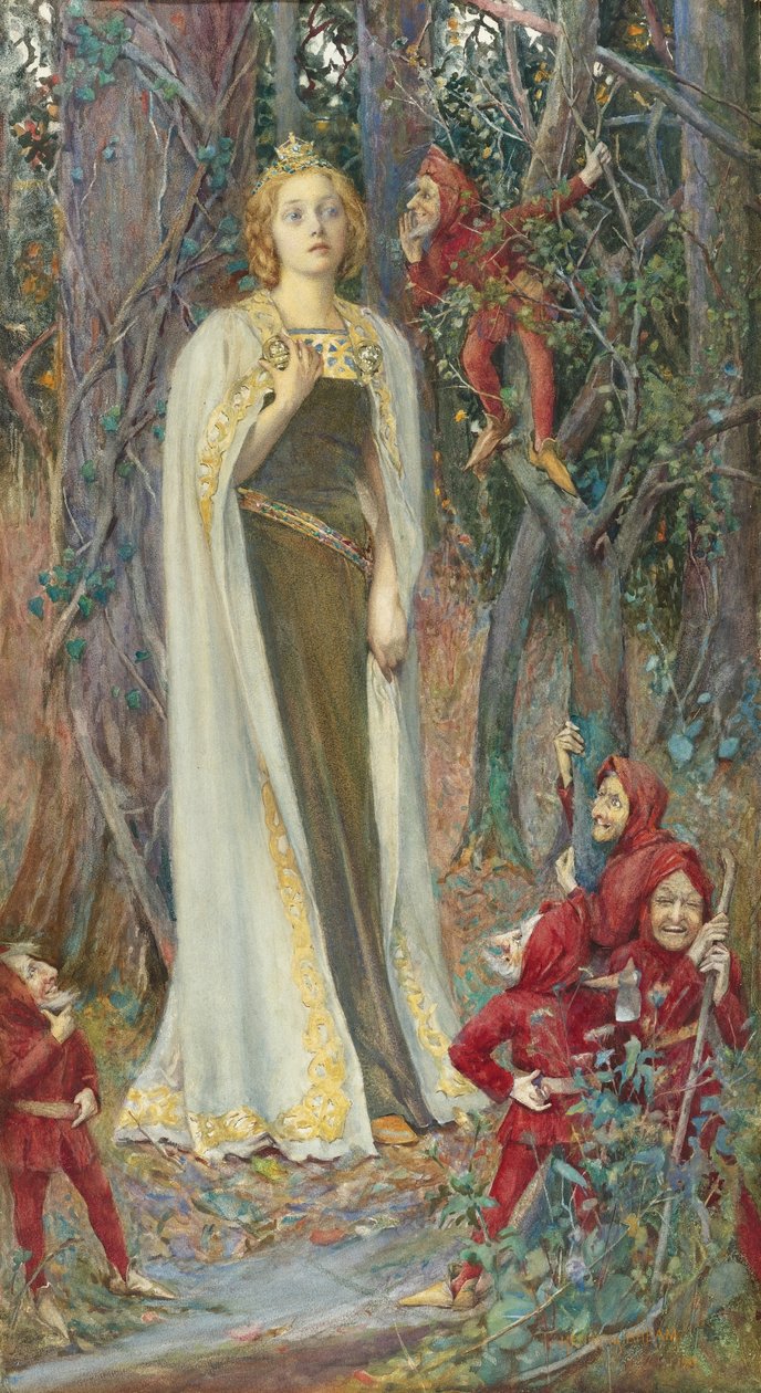 Prærafaelitiske malerier: Once Upon a Time (Snehvide) (Blanche Neige) af Rheam, Henry Meynell (1859-1920). Akvarel, Gouache på papir, 78x43. Privat samling af Henry Meynell Rheam