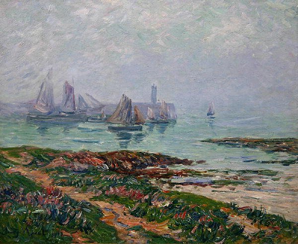Kystscene med fiskerbåde af Henry Moret