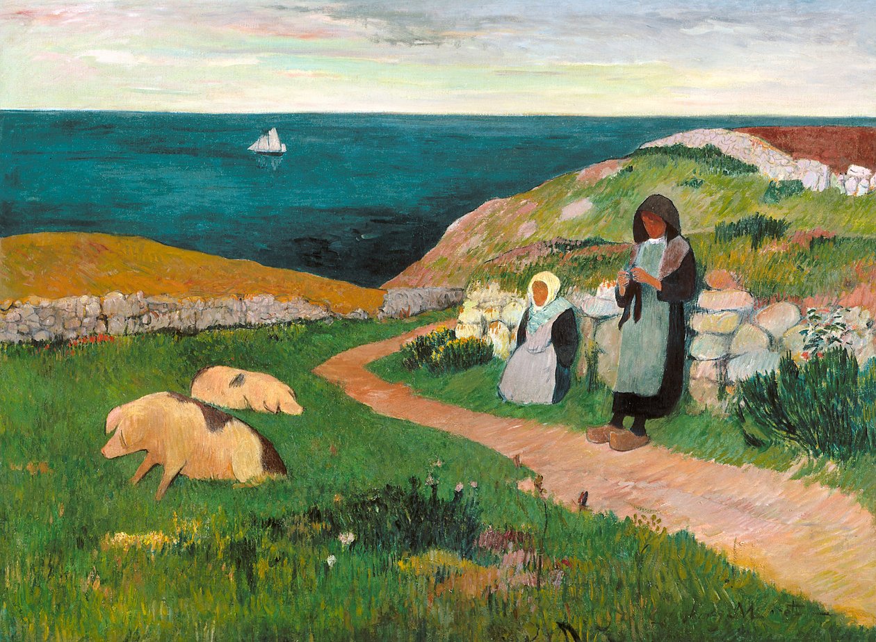 Unge bretonske piger i felten (olie på lærred) af Henry Moret