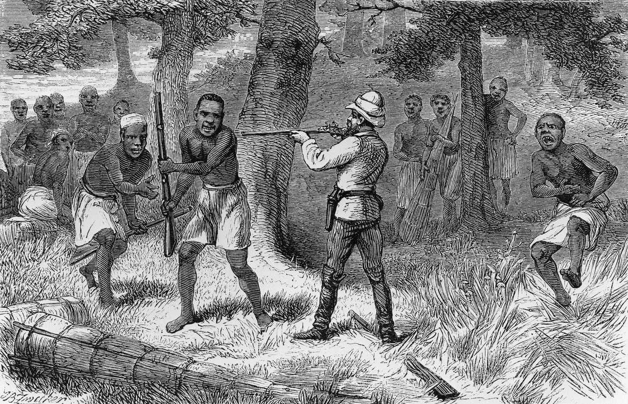 Alkuasukkaat kapinoivat Gombe-joen rannoilla Tansaniassa, kaiverrus kirjasta How I found Livingstone: matkat, seikkailut ja löydöt Keski-Afrikassa, kirjoittanut Henry Morton Stanley (1841-1904), Sampson Low, Marston, Low ja Searle, Lontoo af Henry Morton Stanley