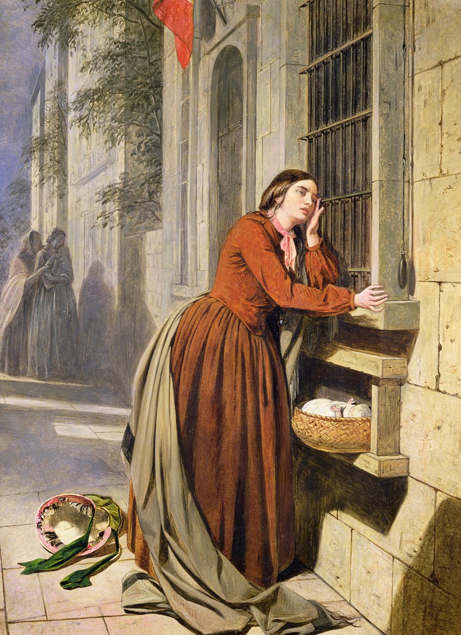 Mor deponerer sit barn på Foundling Hospital i Paris, ca. 1855-60 (olie på træ) af Henry Nelson O