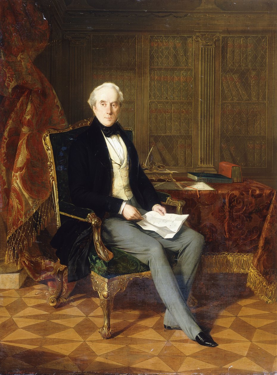 Portræt af Henry Pelham-Clinton, K.G., 4. hertug af Newcastle, holder et dokument, i sit studie, 1850 af Henry Nelson ONeil