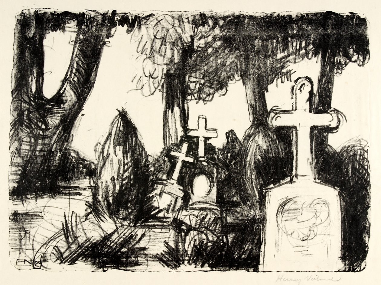 Kirkegård med tre gravstene af Henry Nielsen