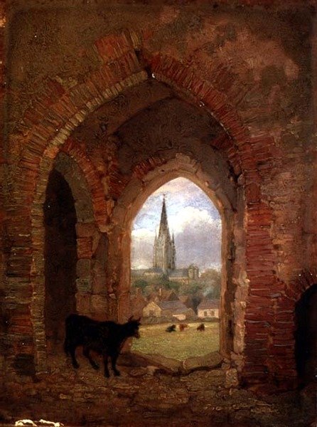 Udsigt gennem buegangen til Cow Tower, Norwich (olie på panel) af Henry Ninham