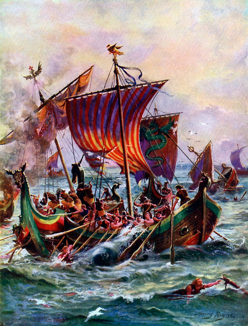 Alfreds galejer angriber vikingedrageskibet, 897 AD, c1920 af Henry Payne