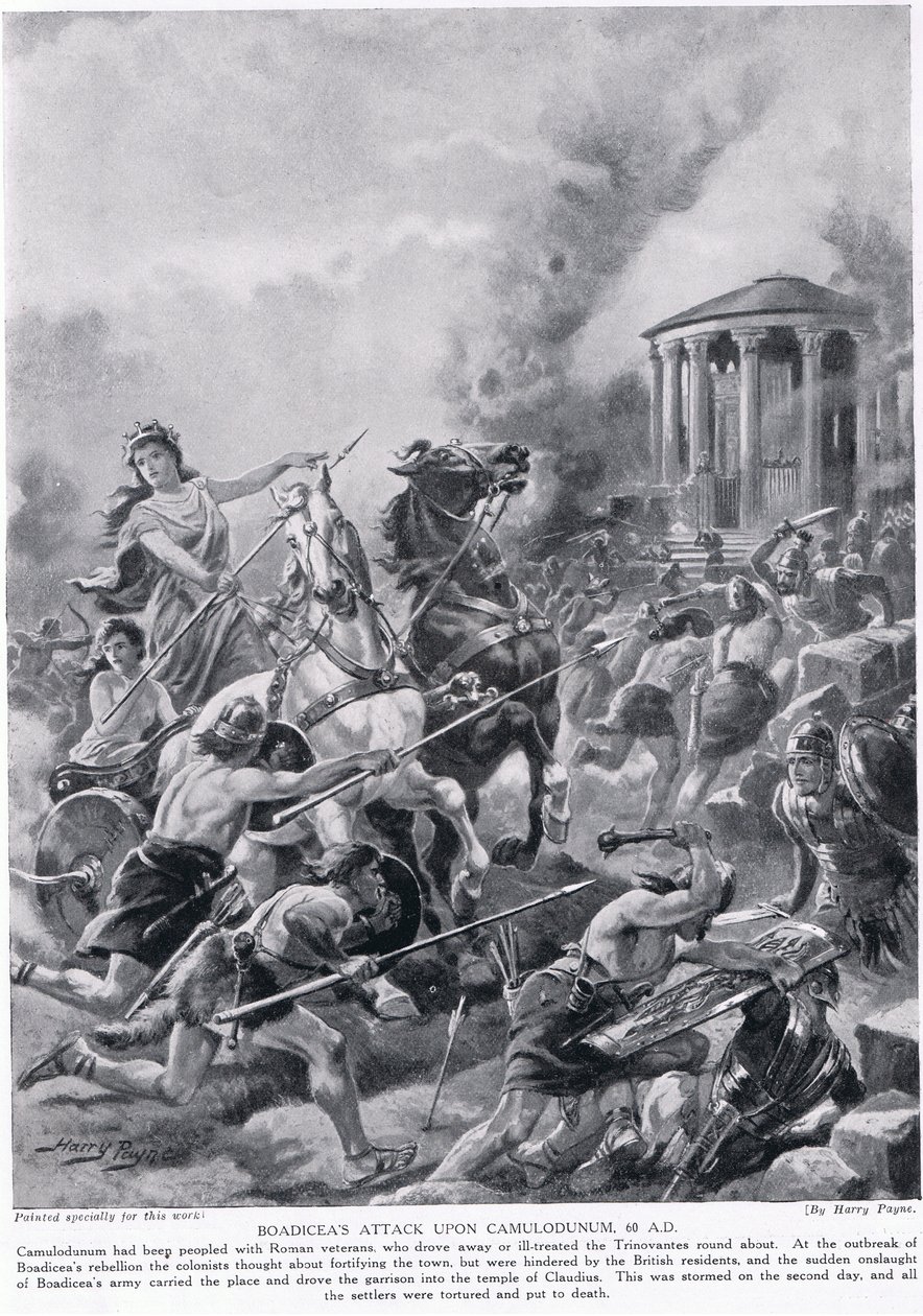 Boadiceas angreb på Camulodunum, illustration fra 