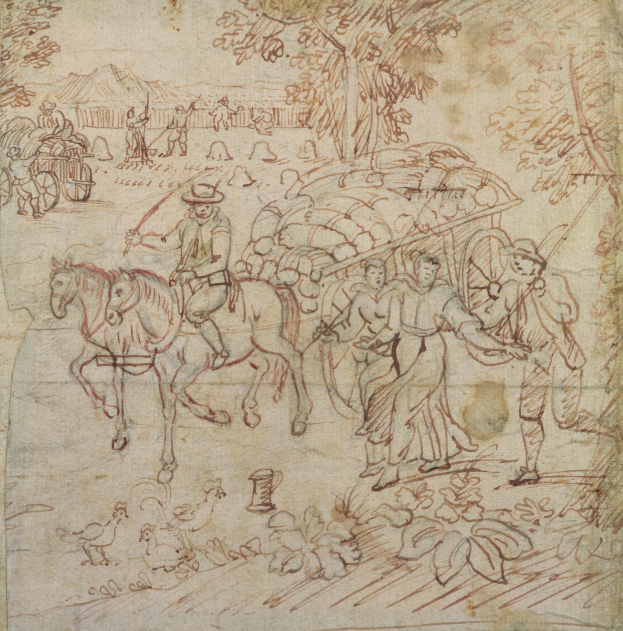 Landskab med høstmaskiner vender hjem, ca. 1595-1605 (pen og brunt blæk på papir) af Henry Peacham