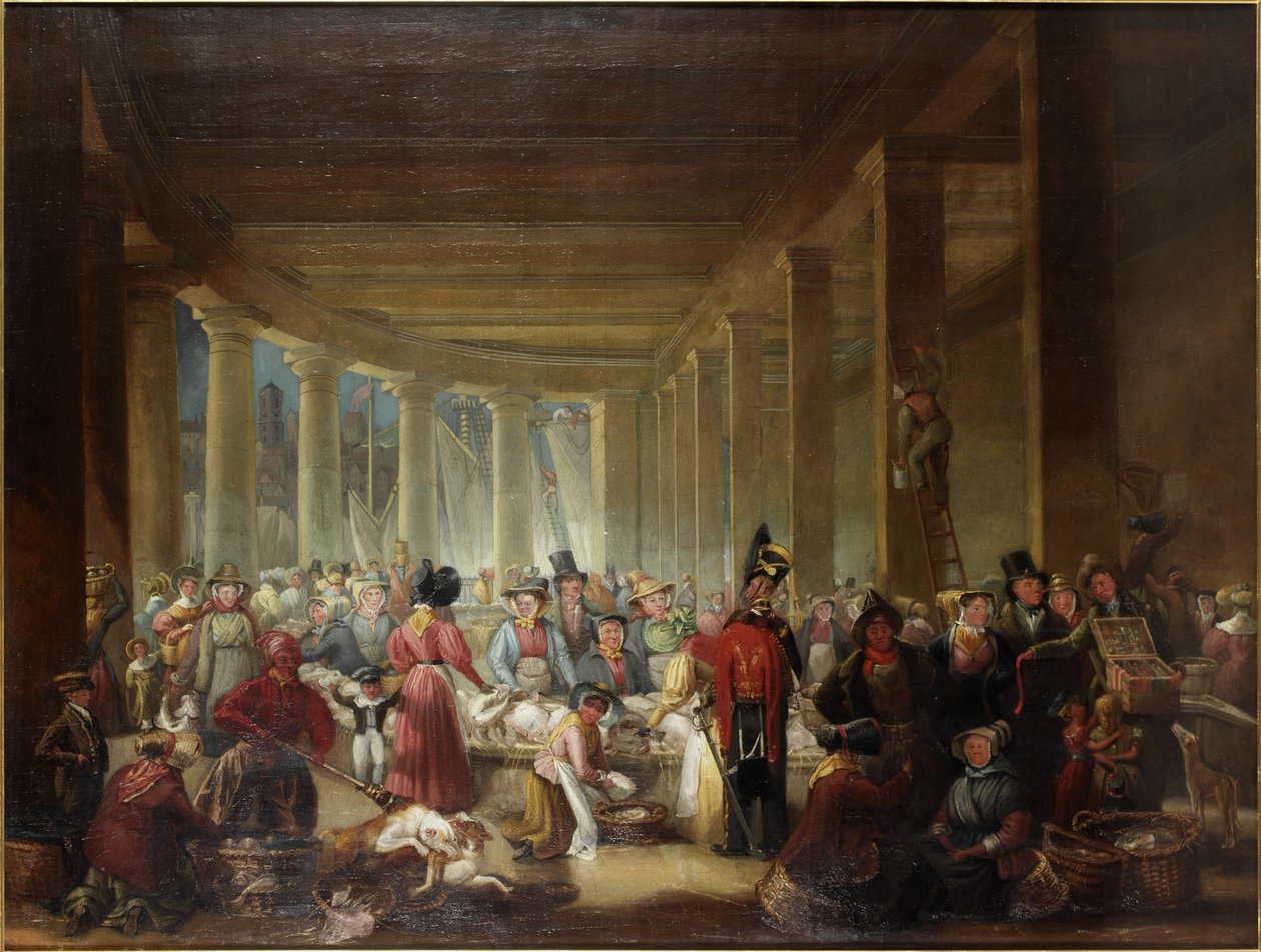 The Old Fish Market, Sandhill, Newcastle upon Tyne (olie på lærred) af Henry Perlee Parker
