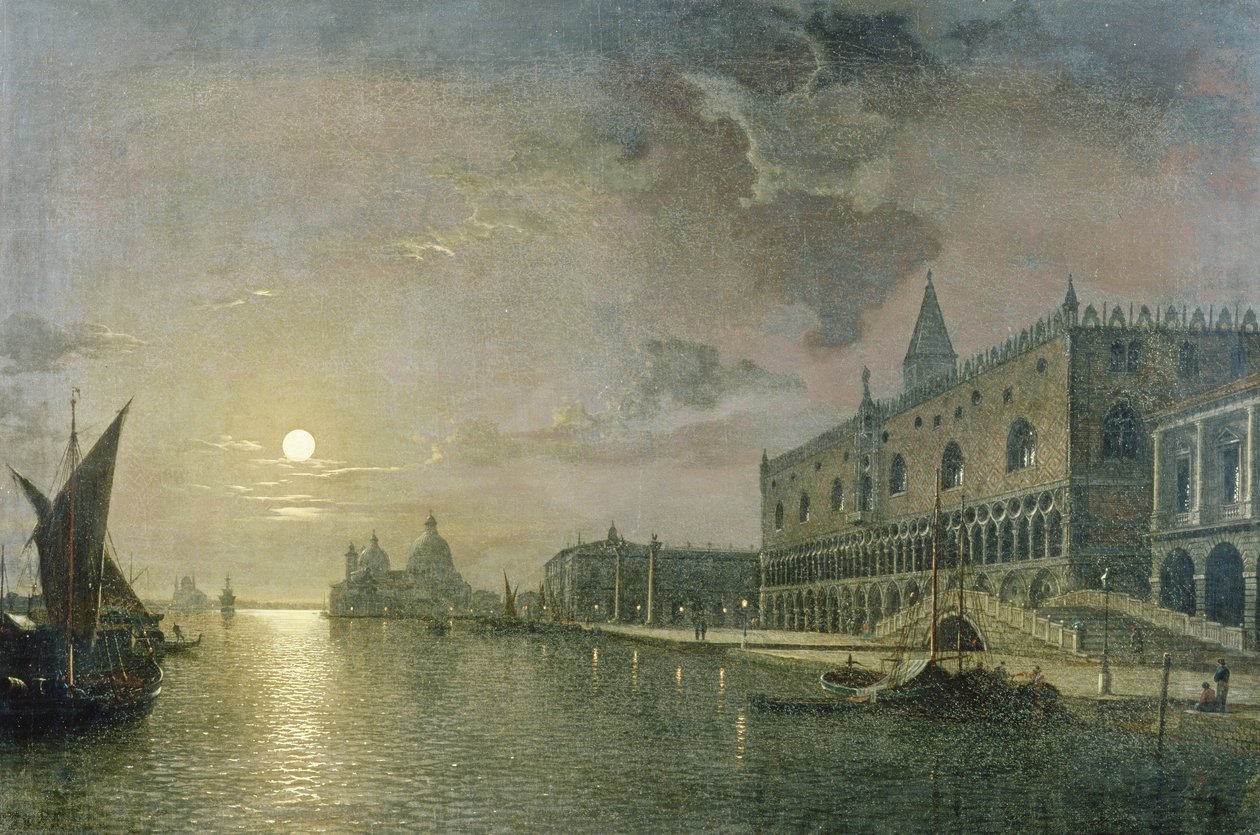 Månebelyst udsigt over Bacino Di San Marco, Venedig, med Dogepaladset af Henry Pether