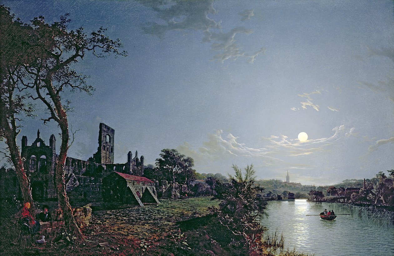 Morgen med udsigt over Kirkstall Abbey (olie på lærred) af Henry Pether