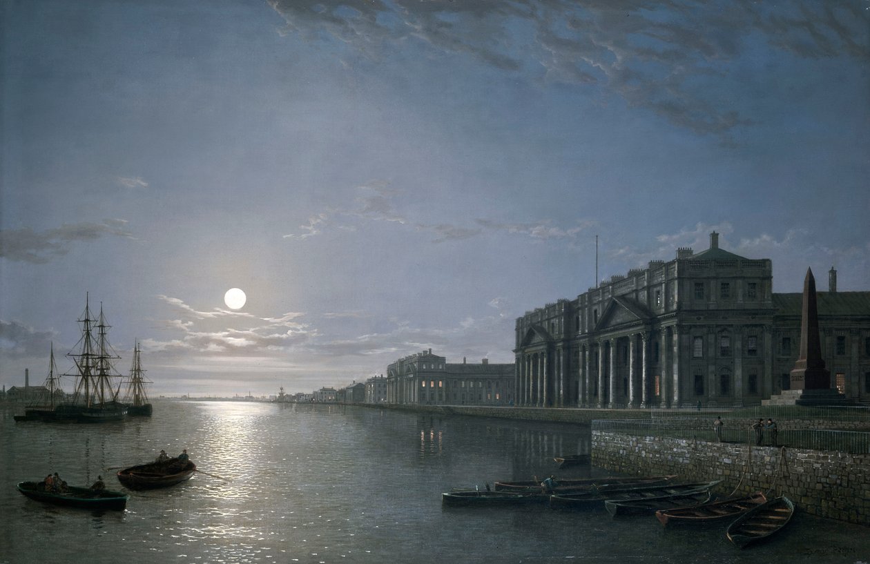 Themsen og Greenwich Hospital i måneskin, ca. 1854-65 (olie på lærred) af Henry Pether