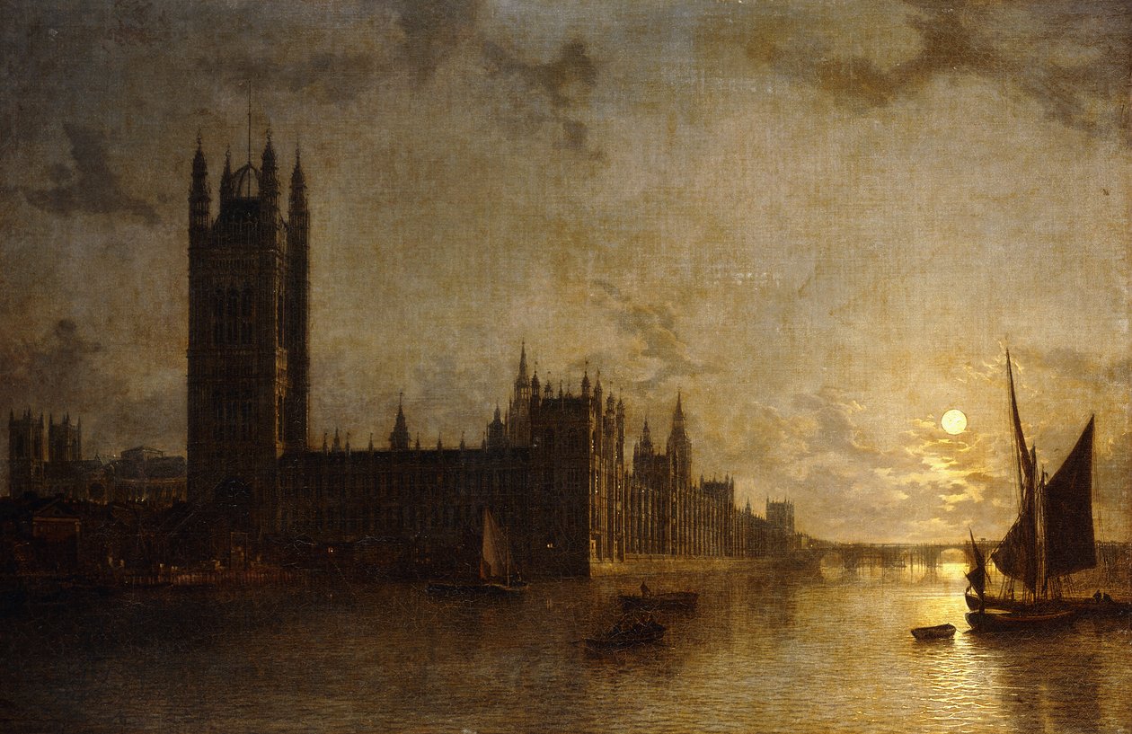 Westminster Abbey, The Houses of Parliament med konstruktionen af Westminster Bridge, 1859 af Henry Pether