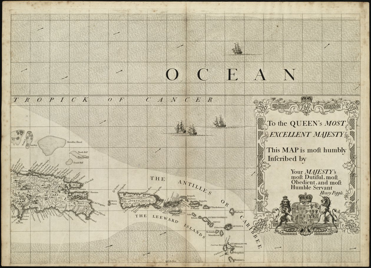Et kort over det britiske imperium i Amerika med de franske og spanske bosættelser ved siden af af Henry Popple