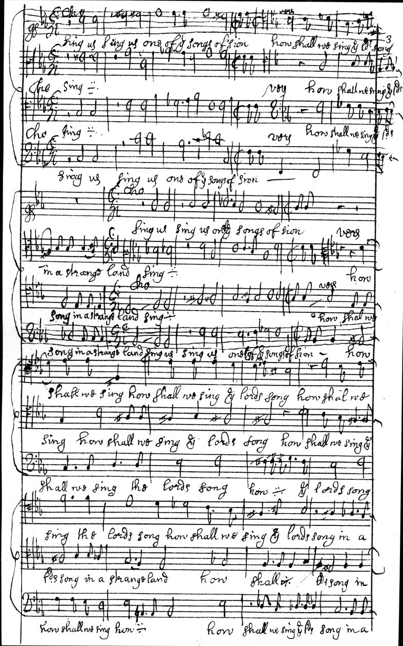 Autografmanuskript af partituret til Salme 137 Hvordan skal vi synge Herrens sang i et fremmed land, før 1683 af Henry Purcell