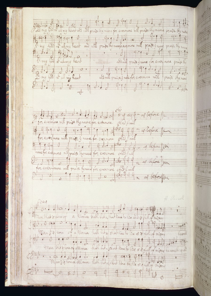 MU MS 88 f.102 "Man that is born of woman", side fra et bind med engelske hymner komponeret og skrevet af Henry Purcell (1659-95) 1673 (blæk på papir) af Henry Purcell