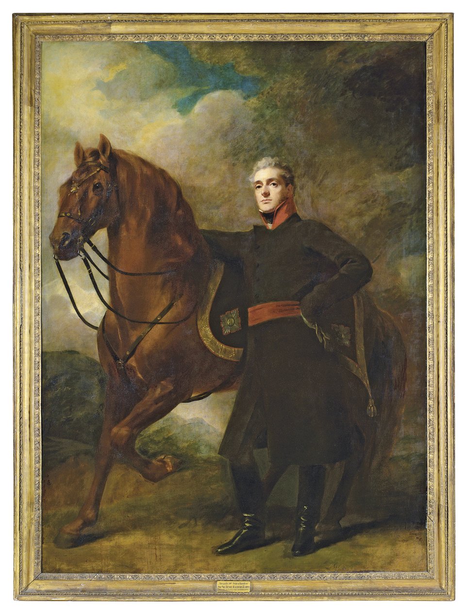 Portræt af Alexander Douglas-Hamilton, 10. hertug af Hamilton og 7. hertug af Brandon, i fuld længde, i uniform, med sin arabiske oplader, i et landskab af Henry Raeburn