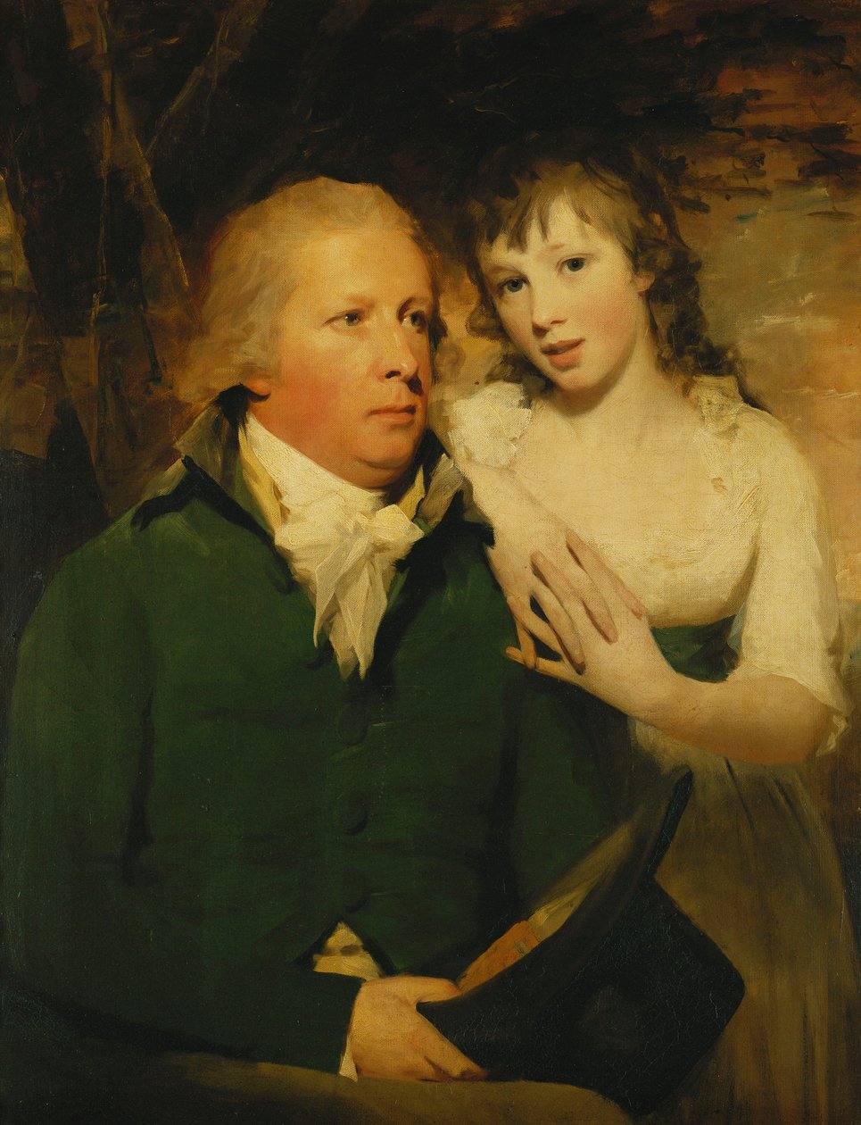 Portræt af Sir Alexander Don, siddende halvlængde, siddende i en grøn frakke med sin datter, Elizabeth, lænet på hans skulder, af Henry Raeburn