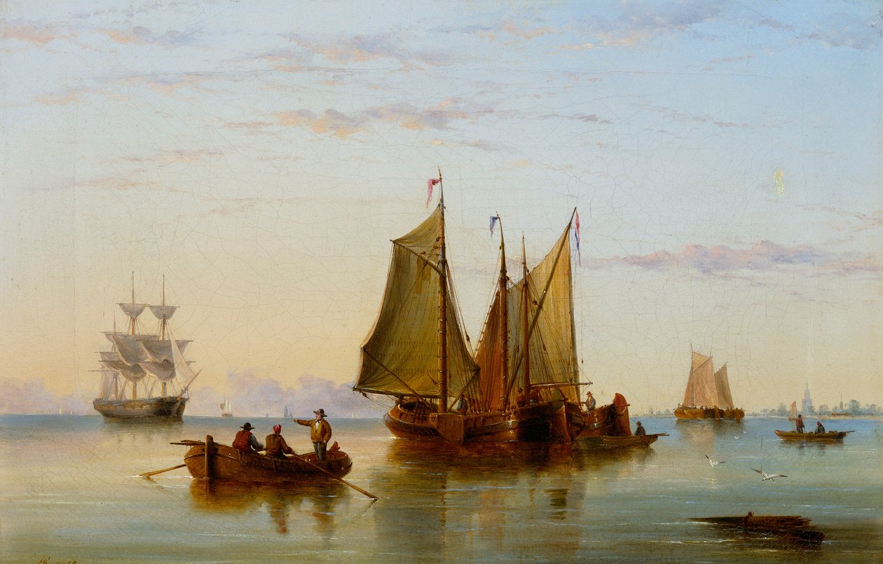 Fiskerbåde og andre fartøjer på Schelde nær Rotterdam, 1852 af Henry Redmore