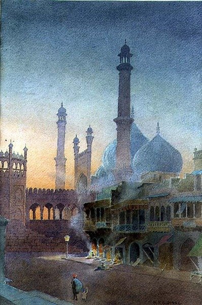 Udsigt over Jama Masjid, Old Delhi (akvarel på papir) af Henry Richard Beadon Donne