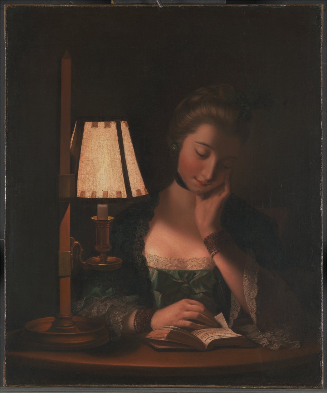 Kvinde læser ved en papirklokke-skærm af Henry Robert Morland