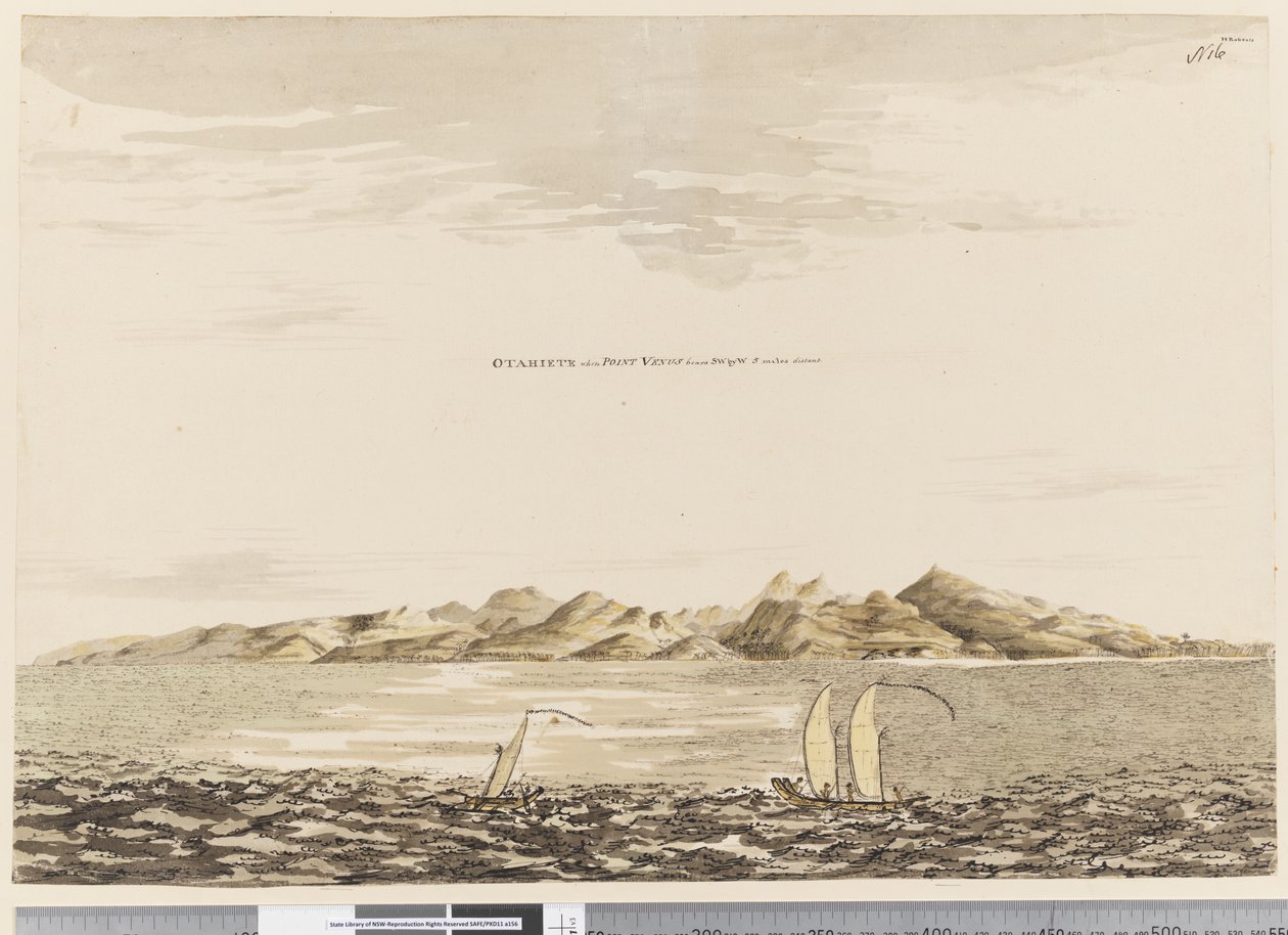 Side 16 Otaheite, når Point Venus bærer S.W. ved W. 5 miles væk, 1768-75 (wc) af Henry Roberts