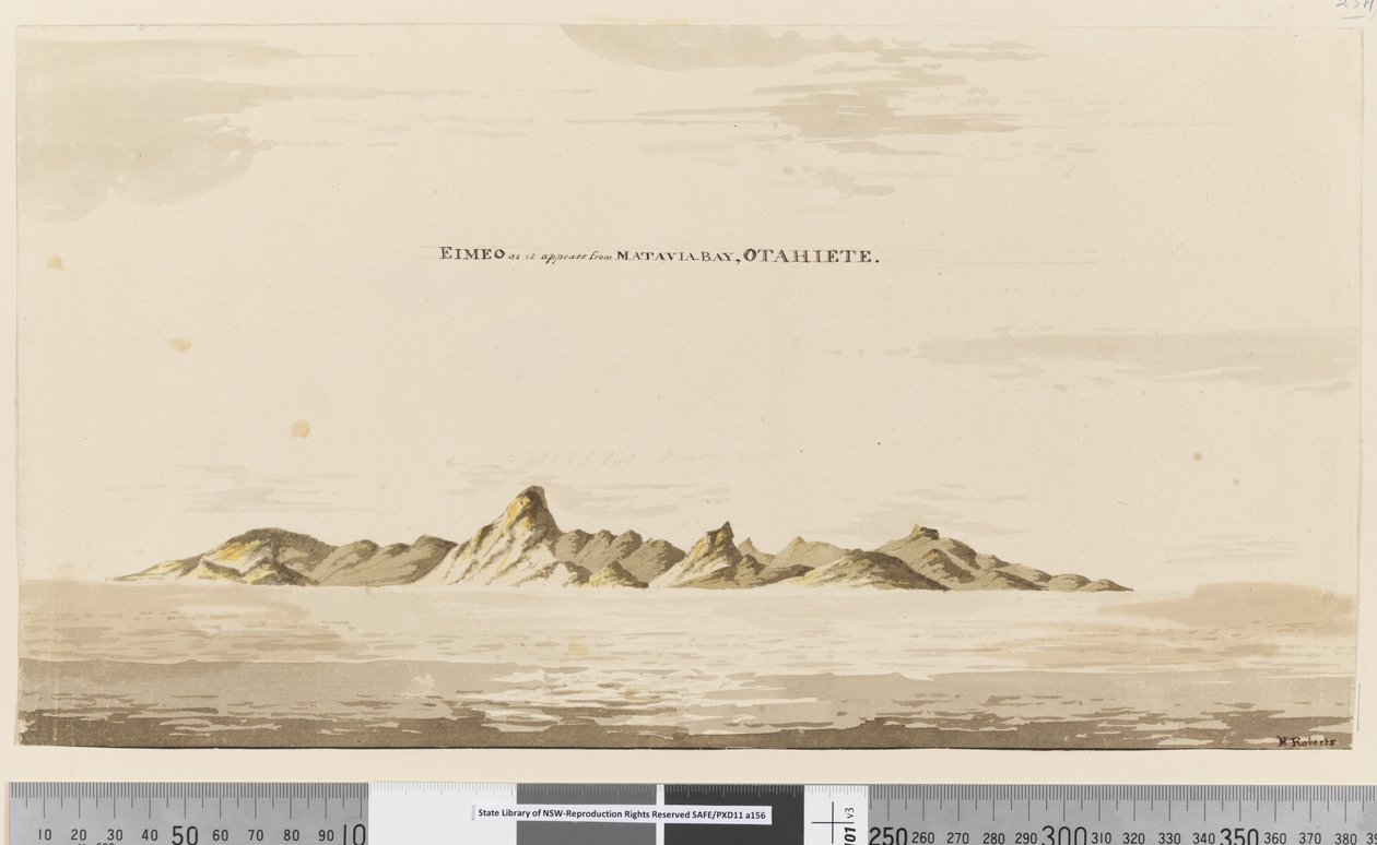 Side 25aa Eimeo, som den ser ud fra Matavai Bay, Otahiete, 1768-75 (pen & blæk og vask) af Henry Roberts