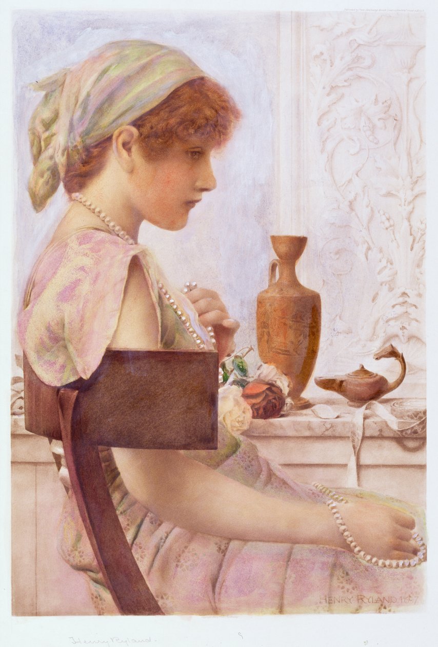 Pige med perler (wc over fotogravure) af Henry Ryland