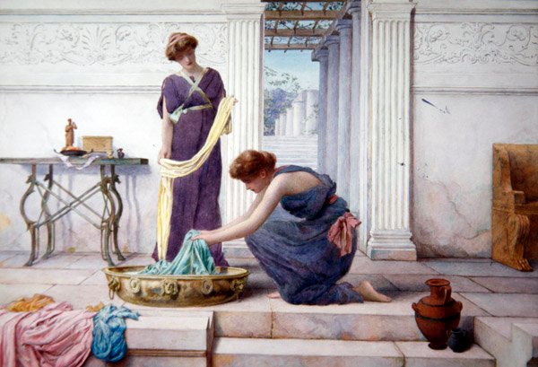 Husholdningspligter, ca. 1895 (akvarel på papir lagt om bord) af Henry Ryland
