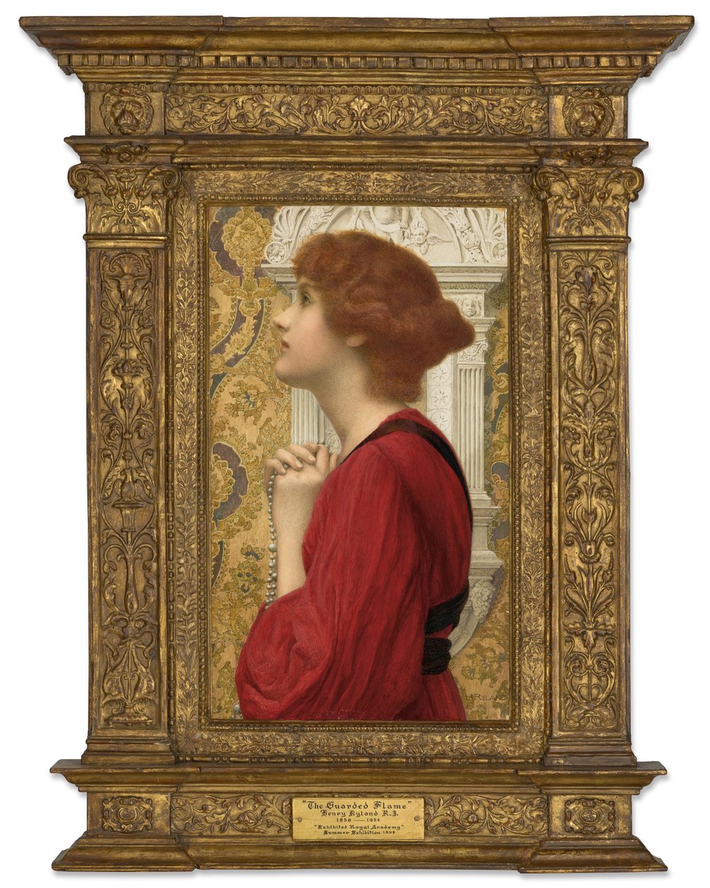 The Guarded Flame (kynä, akvarelli ja arabikumilla korotettu vartaloväri paneelille levitetylle paperille) af Henry Ryland