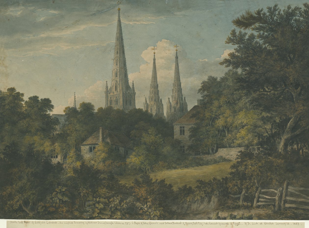 Lichfield Cathedral - North East View: vandfarvemaleri, 1797 af Henry Salt