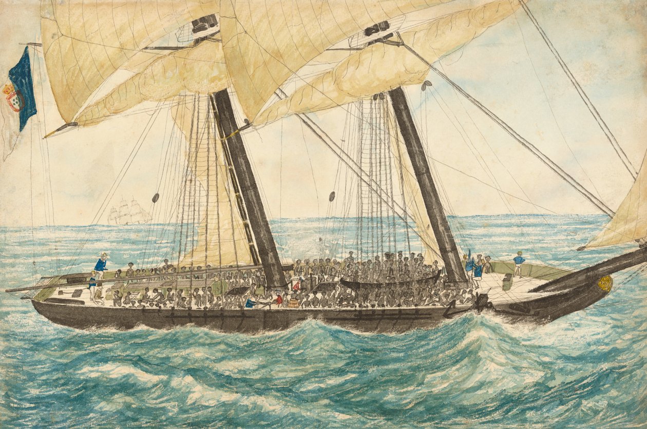 Den portugisiske slave Diligenté taget til fange af H.M. Sloop Pearl med 600 slaver om bord, maj 1838. af Henry Samuel Hawker