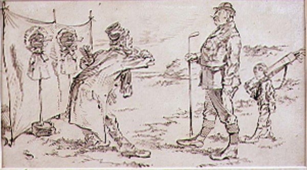 Golfspilleren bliver forstyrret af sælgeren, illustration til Graphic magazine, pub. c, 1870 af Henry Sandercock