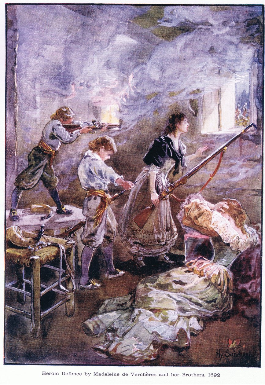 Heroisk forsvar af Madeleine de Vercheres og hendes brødre 1692, ca. 1920 af Henry Sandham