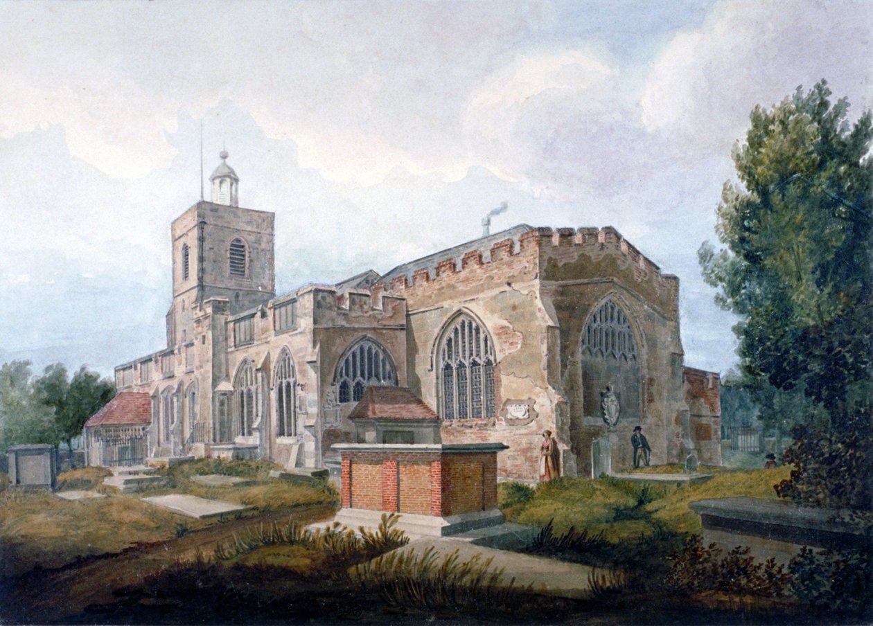 Sydøst udsigt over Church of St Dunstan, Stepney, London, c1820 af Henry Sass